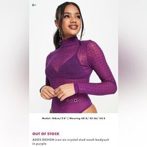 ASOS DESIGN Embellished Mock Neck Sheer Mesh Bodysuit in Purple